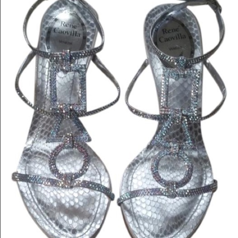 René Caovilla Silver Swarovski Crystal Embellished Leather Sandals 7